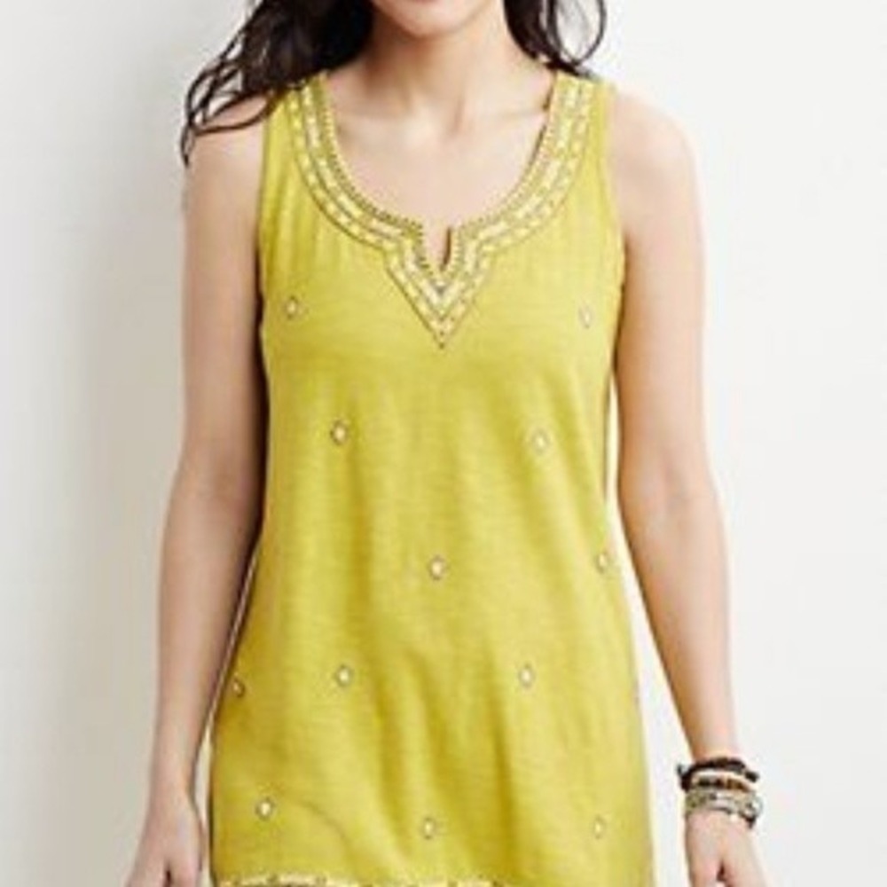 J. Jill Womens Tank Top Tunic Floral Embroidered Bohemian‎ Chartreuse Green Sz S